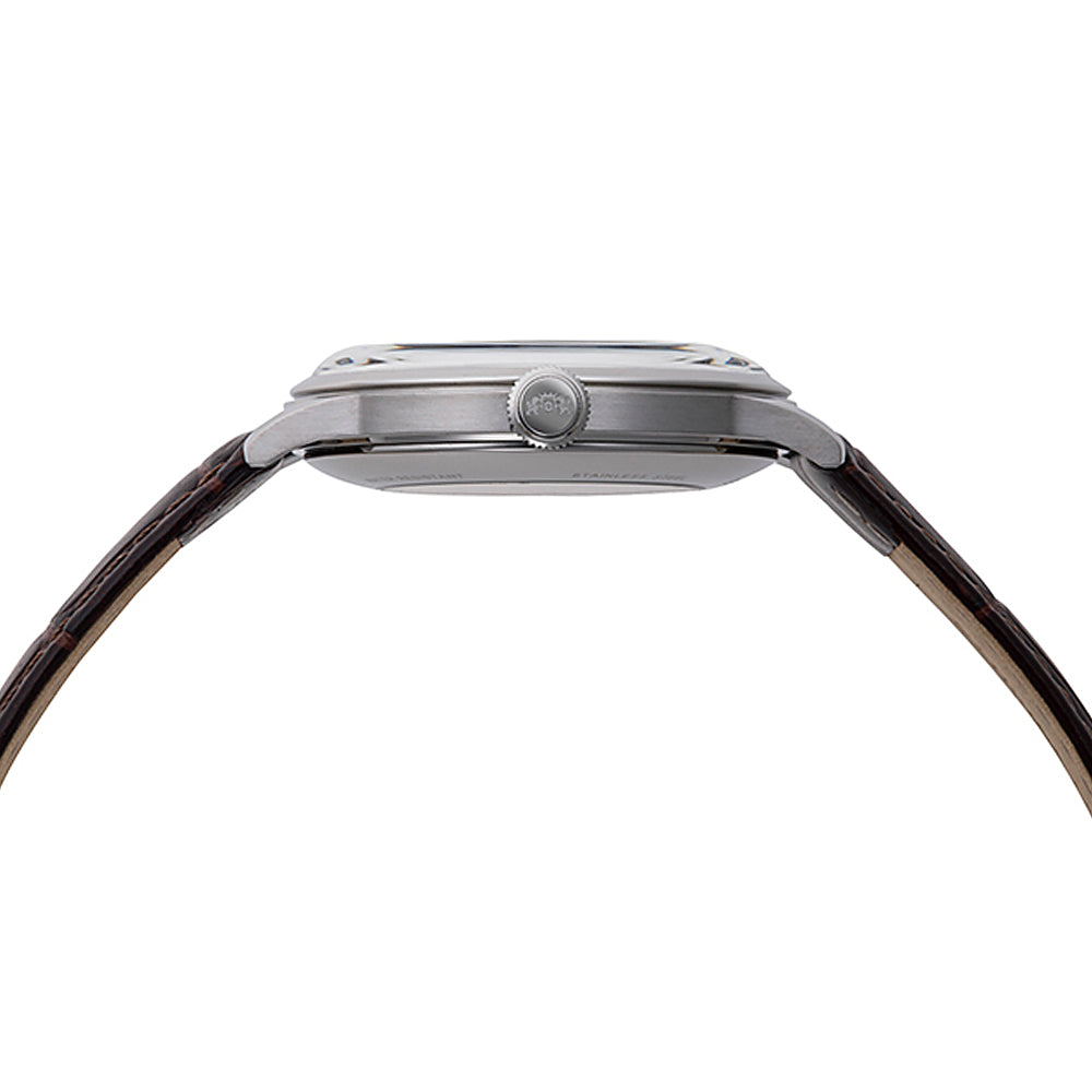 Orient Bambino watch crown and case profile with brown leather strap