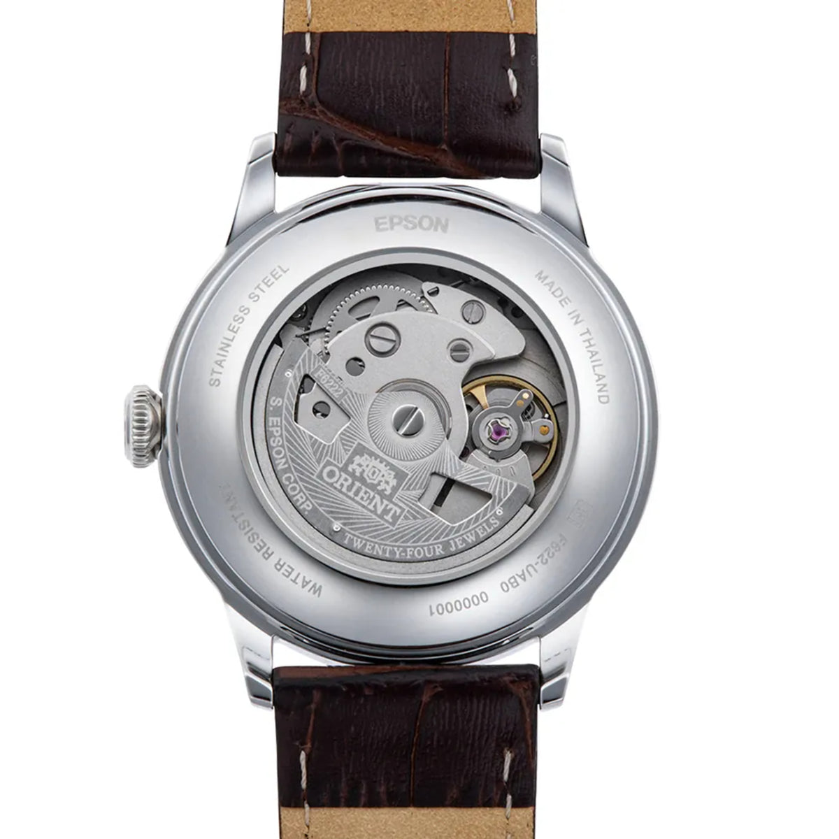 Exhibition case back displaying the automatic movement rotor on the Orient Bambino watch