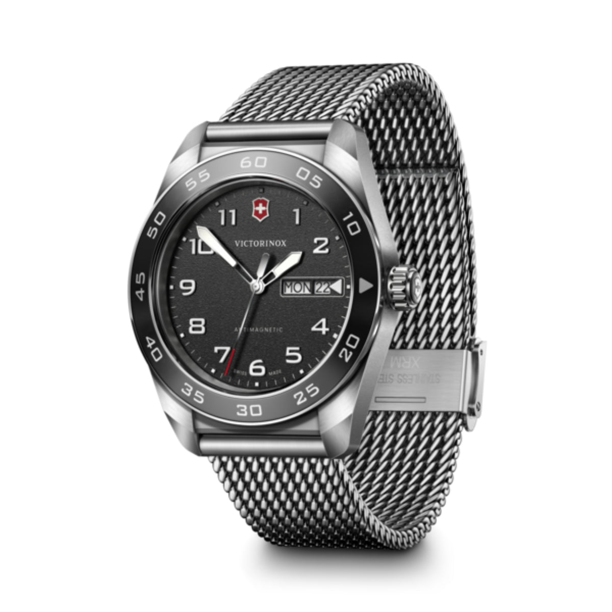 Men's quartz watch front three-quarter view with black dial and steel mesh bracelet