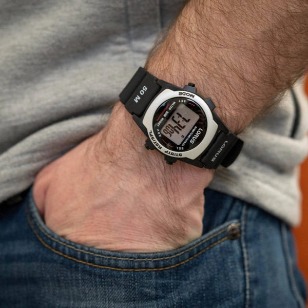 Men’s wristwatch with black resin strap and digital LCD in a round bezel