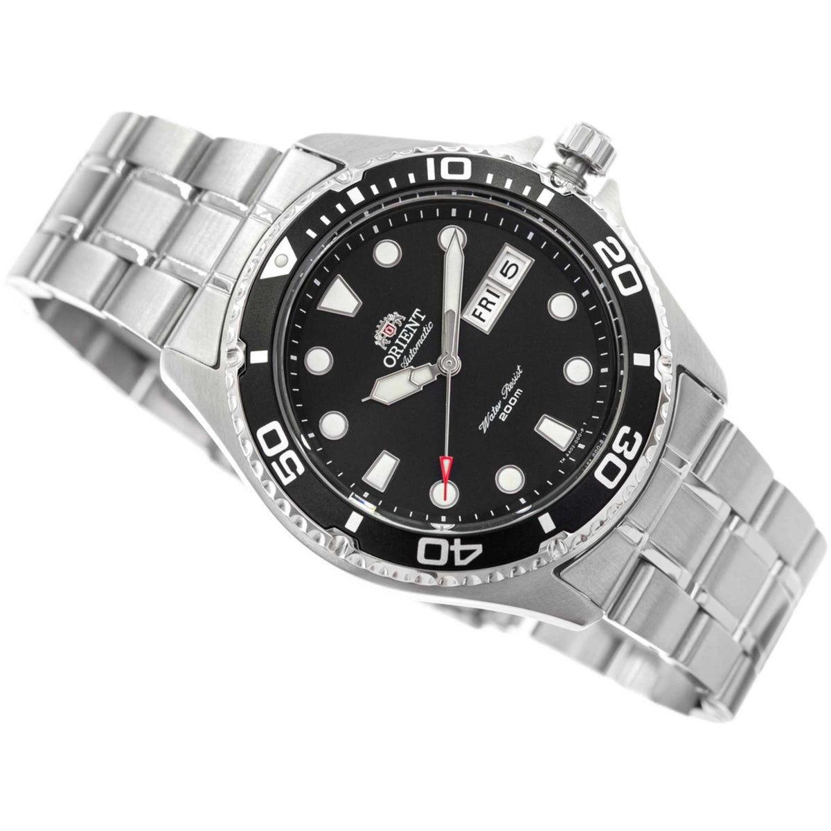 Men's automatic wristwatch front view with black dial and stainless steel bracelet