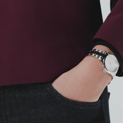 Hamilton Jazzmaster H32301181 lifestyle wrist shot highlighting steel watch case and silver dial