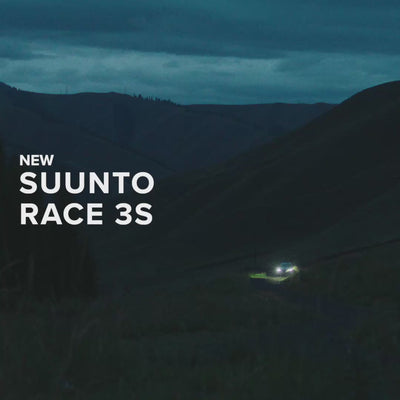 Suunto Race 3S SS051647000 promotional banner showing collection text overlaid across scenic mountain landscape