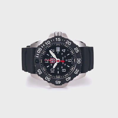 Luminox Navy SEAL XS.3251.CB front perspective view showing black dial display with steel case body and rubber strap