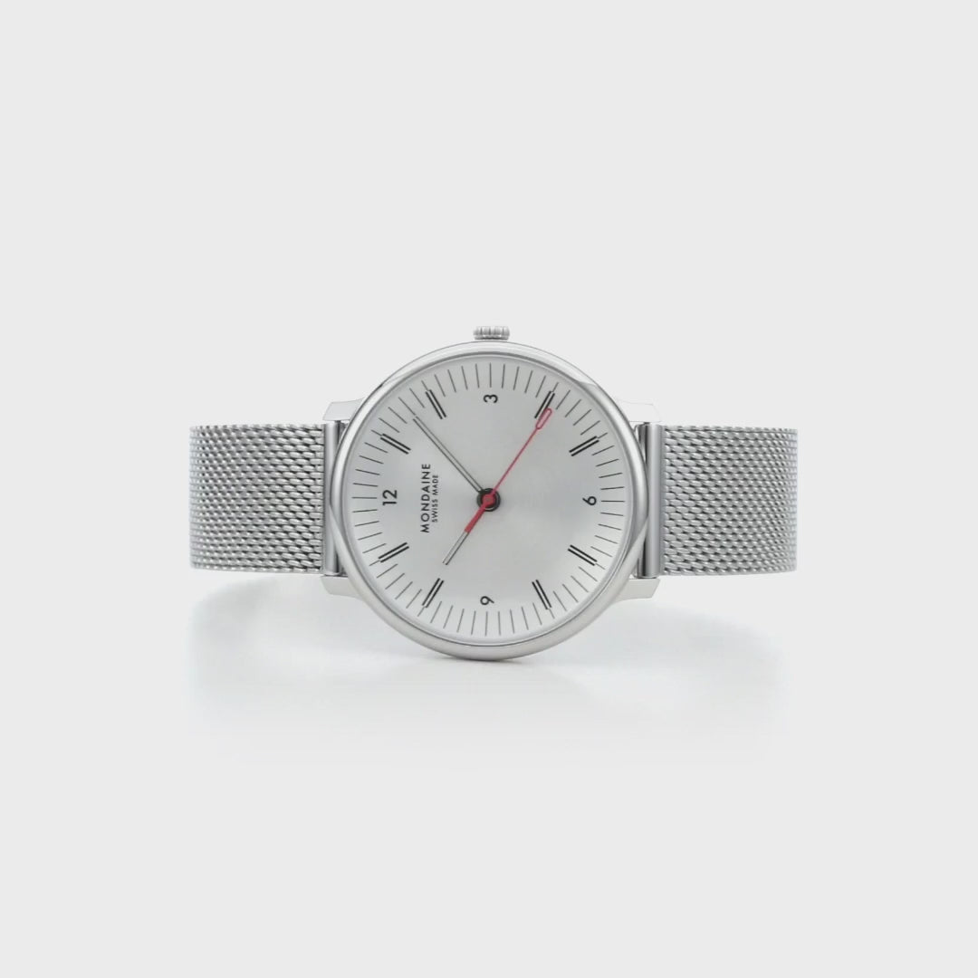 Mondaine Doppio MLE.33110.SM stainless steel case and mesh strap side profile