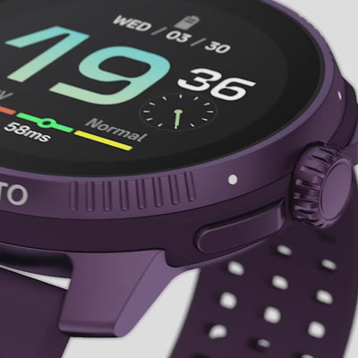 Suunto Race SS050933000 close-up view showing rotating crown button and purple titanium case profile