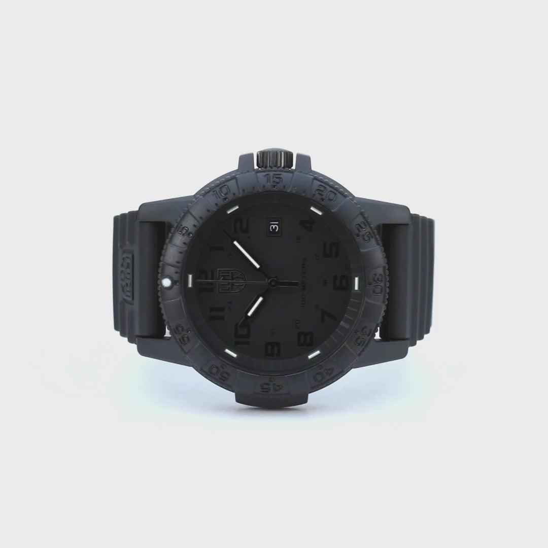 Frontal view of the Luminox Leatherback Sea Turtle XS.0321.BO.L watch lying horizontally against a light neutral backdrop