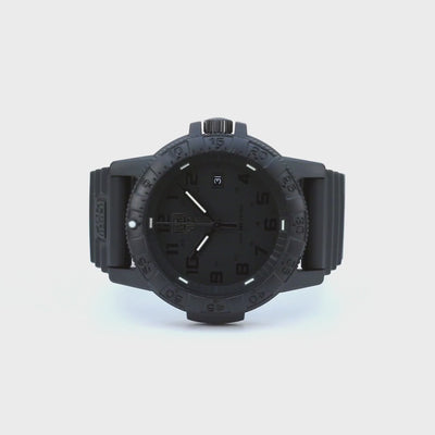 Frontal view of the Luminox Leatherback Sea Turtle XS.0321.BO.L watch lying horizontally against a light neutral backdrop