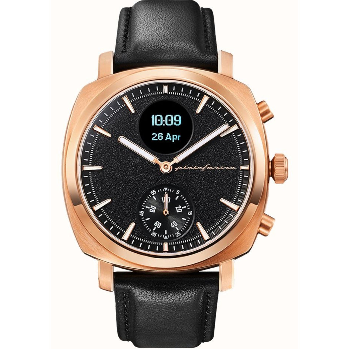 Rose gold-tone leather watch with black dial, three subdials, date at 26 Apr.