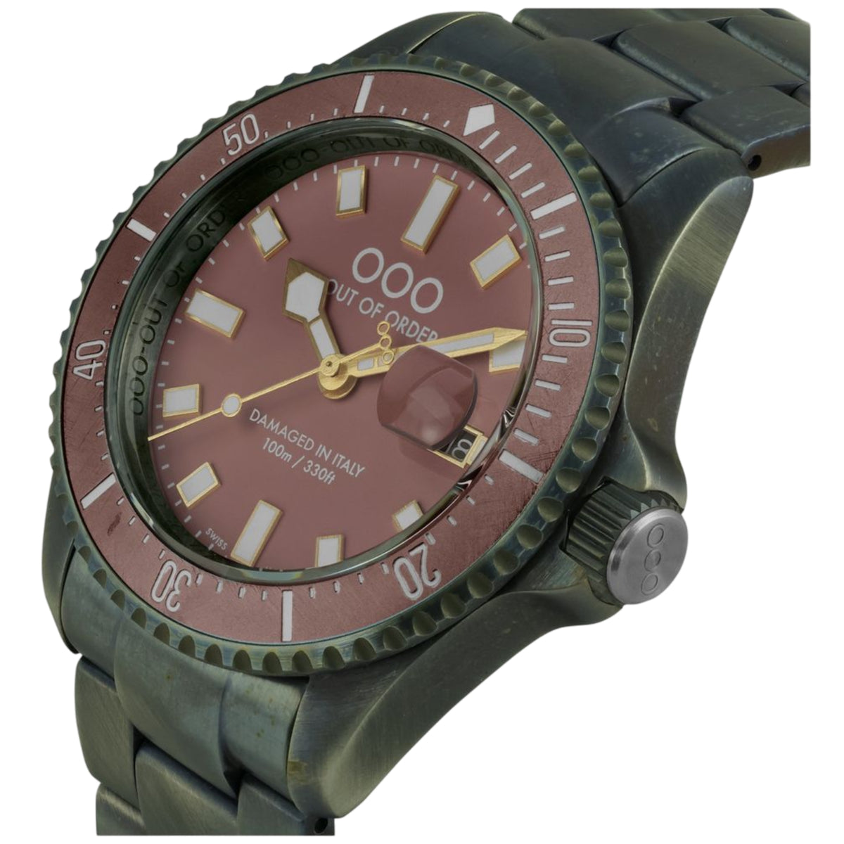 Men's wrist watch with dark metal strap, pink dial with gold markers and rotating bezel