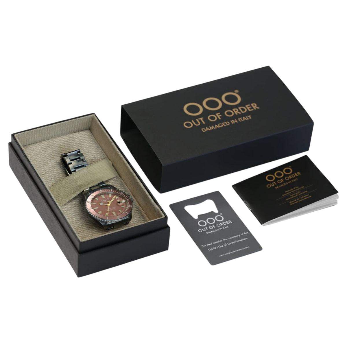 Men's wrist watch in gift box with logo packaging and instruction cards
