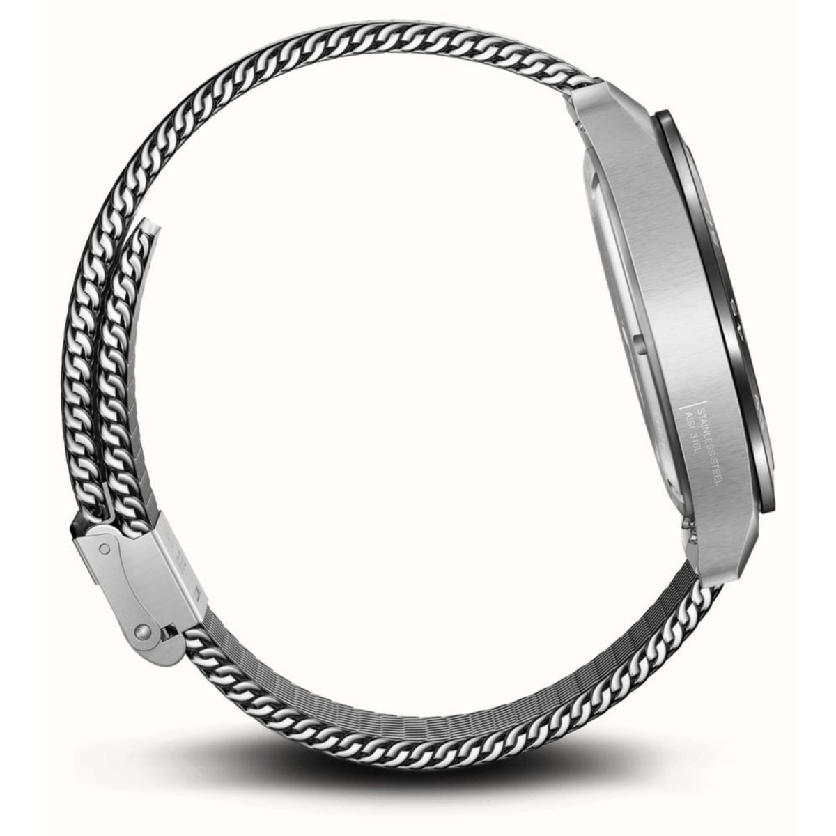 Men's steel quartz watch side view with steel mesh bracelet link texture