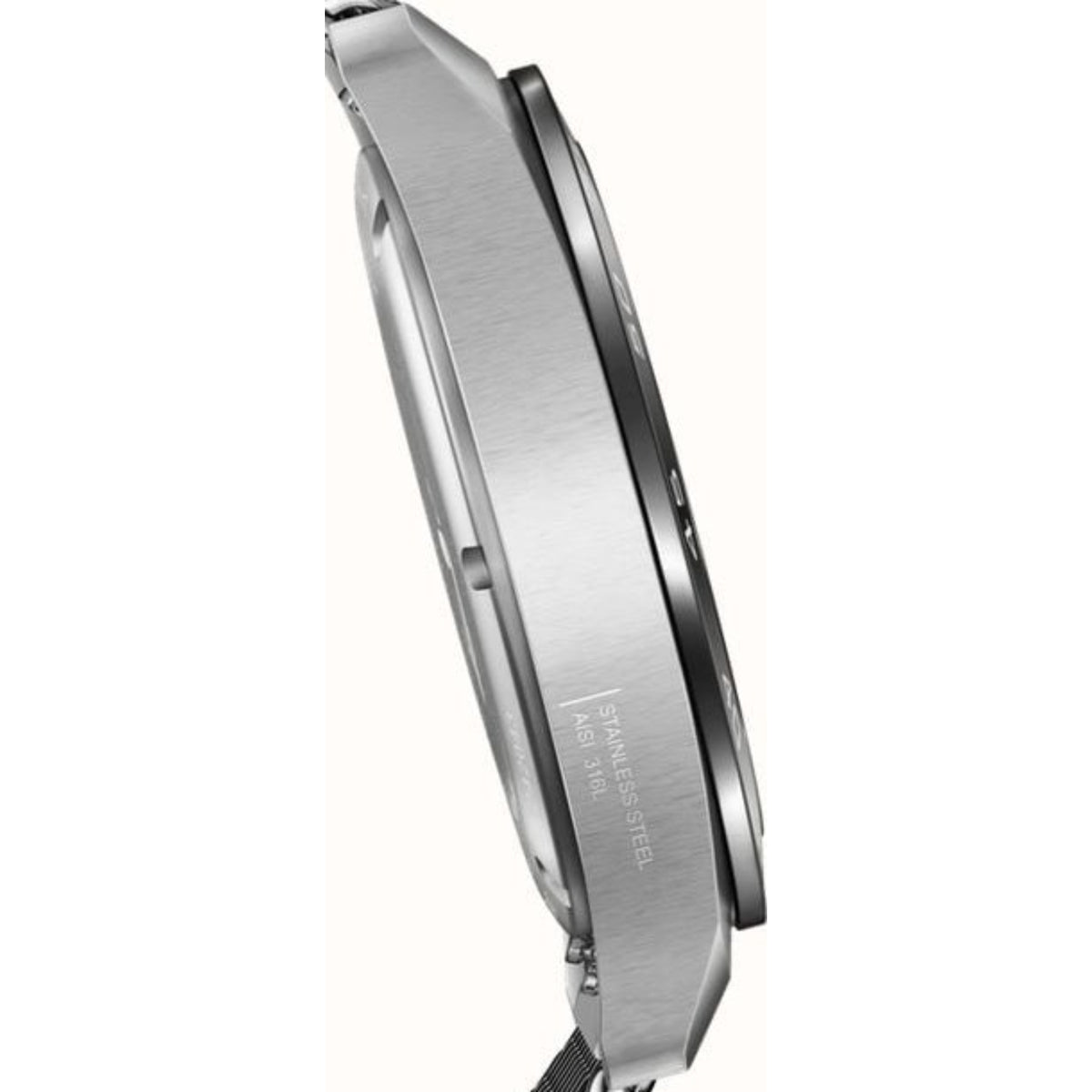 Men's quartz watch profile view with brushed steel case and mesh bracelet