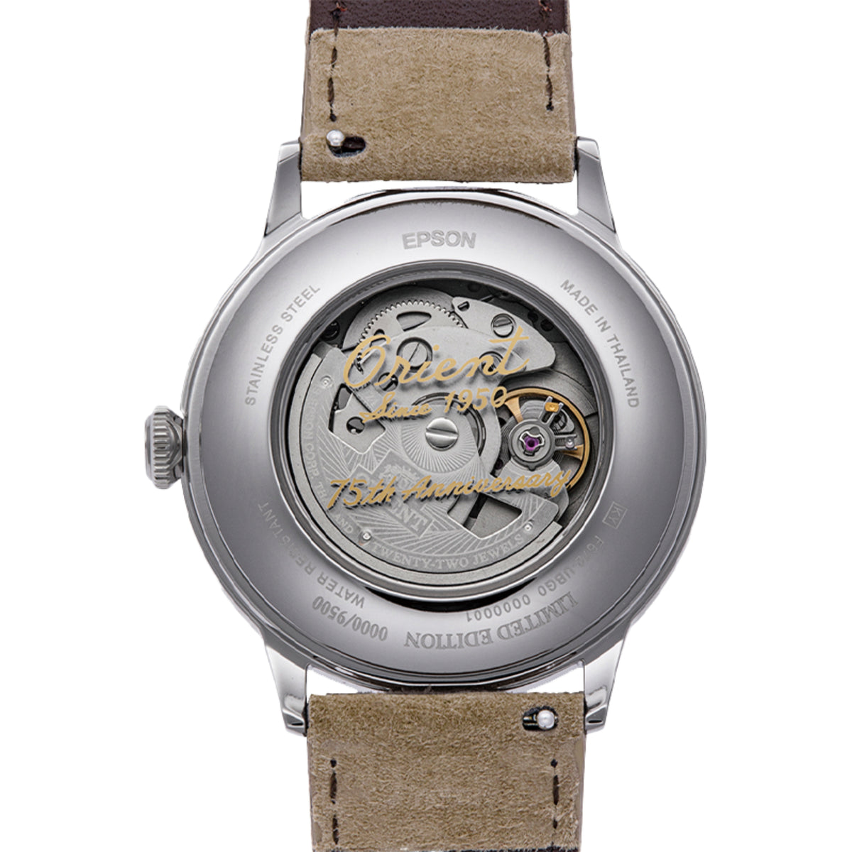 Men’s automatic watch with silver steel case, tan leather strap, visible movement caseback