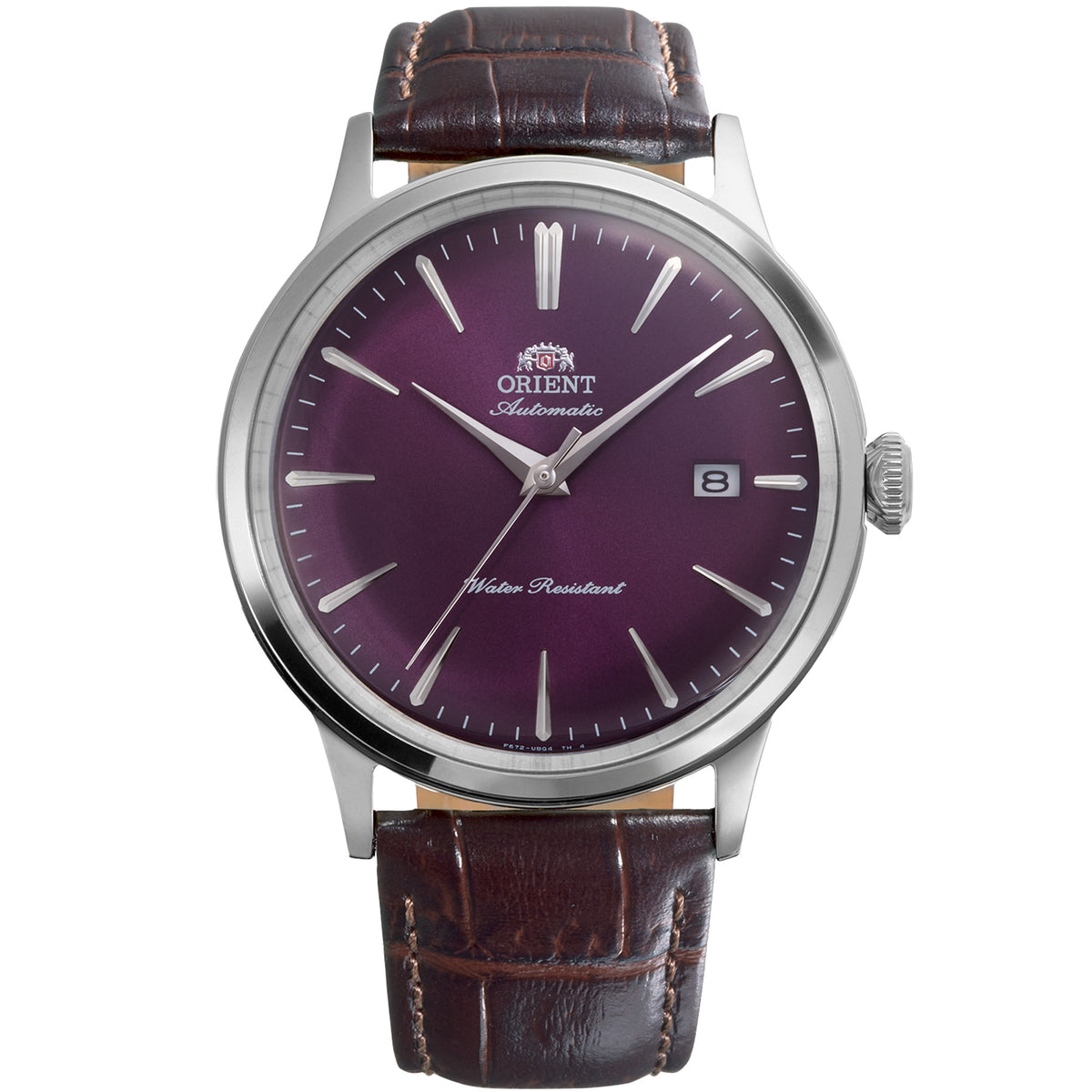 Orient Bambino Purple Dial Leather Strap automatic watch RA-AC0032V30B front view