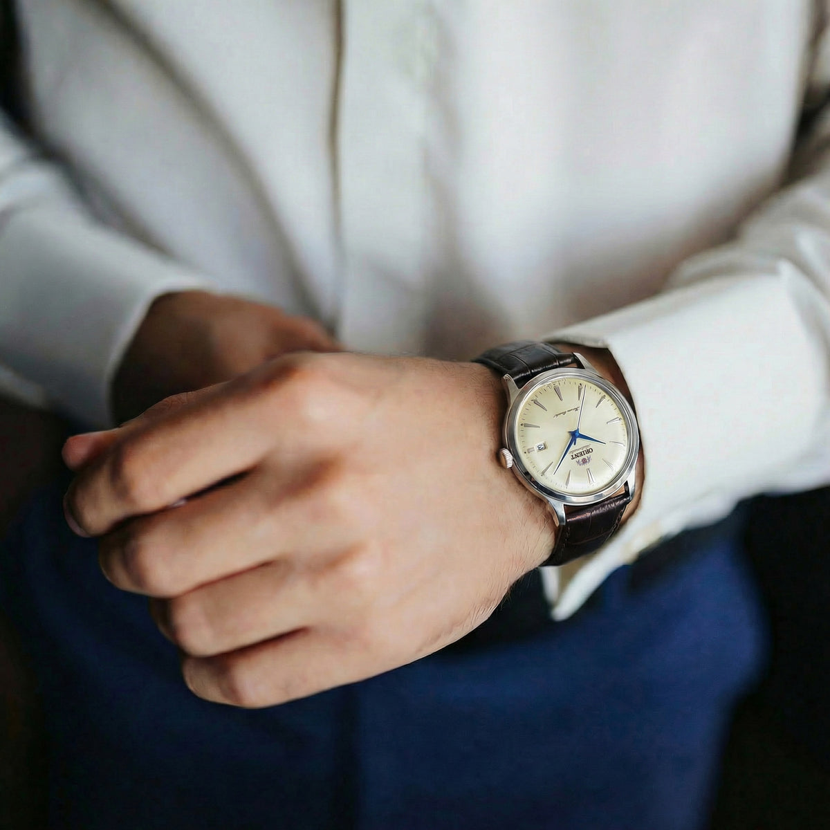 Orient Bambino RA-AC0033Y30B automatic dress watch worn wrist