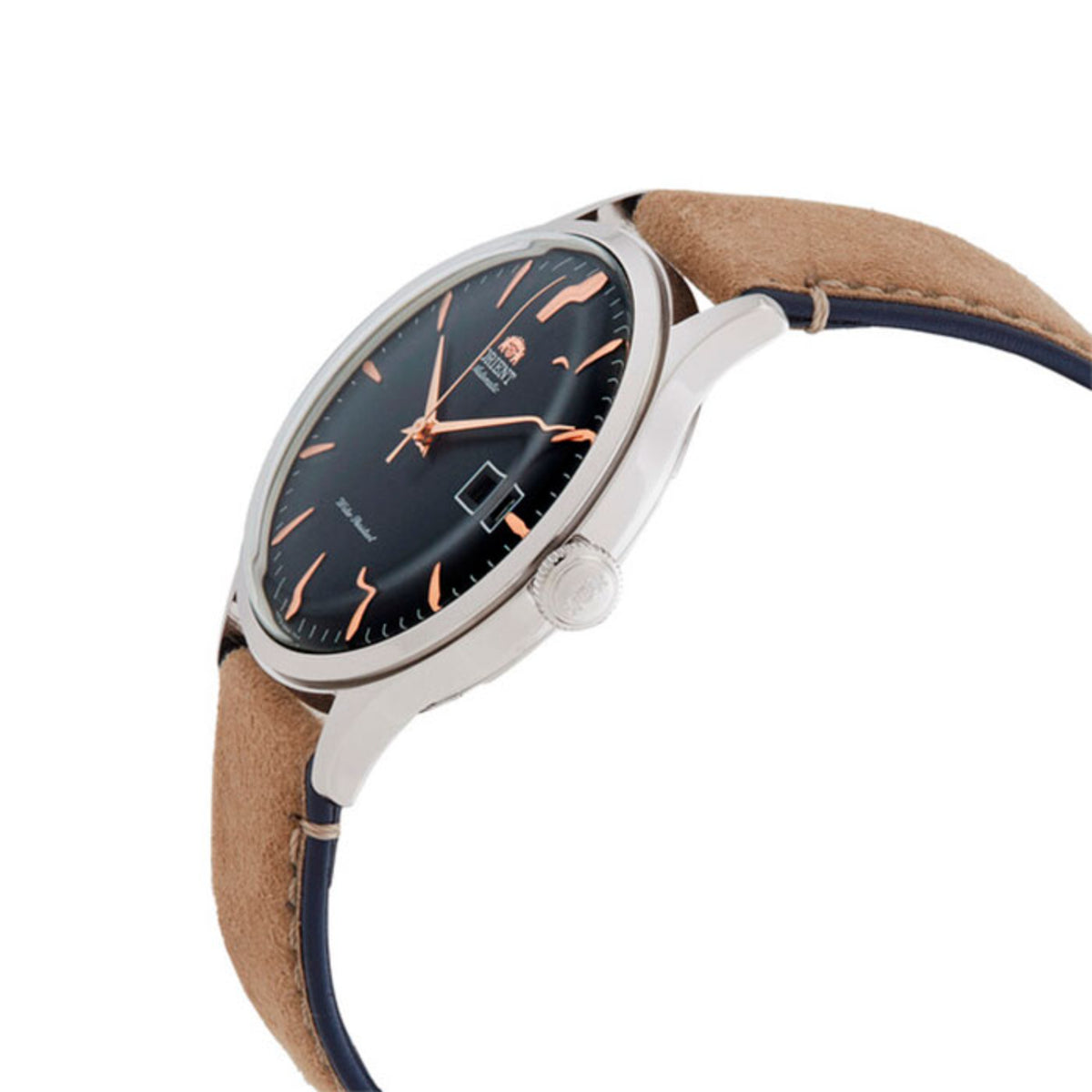 Orient Bambino RA-AC0P02L30B automatic watch with navy dial and brown leather strap side view
