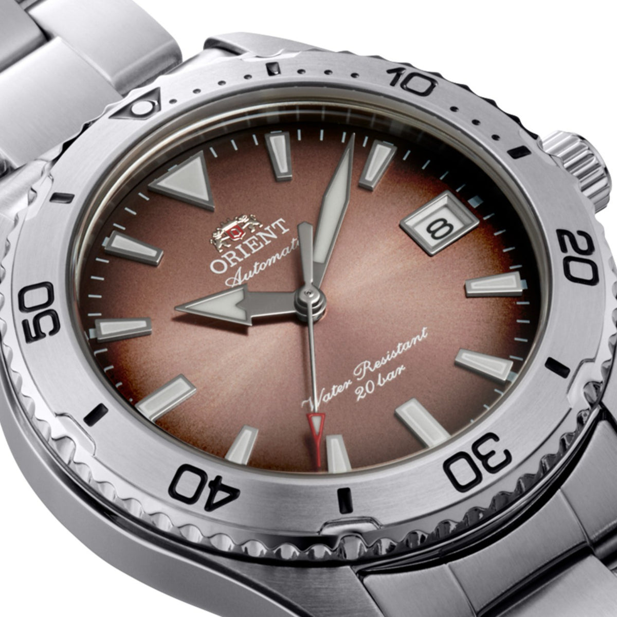 Orient Mako RA-AC0Q17Y30B copper dial unidirectional rotating bezel detail close up view