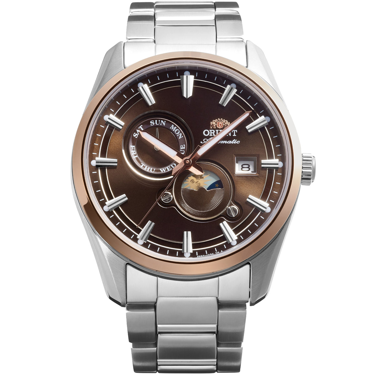 Orient Stretto Sun and Moon Brown Dial automatic watch RA-AK0313Y30B front view