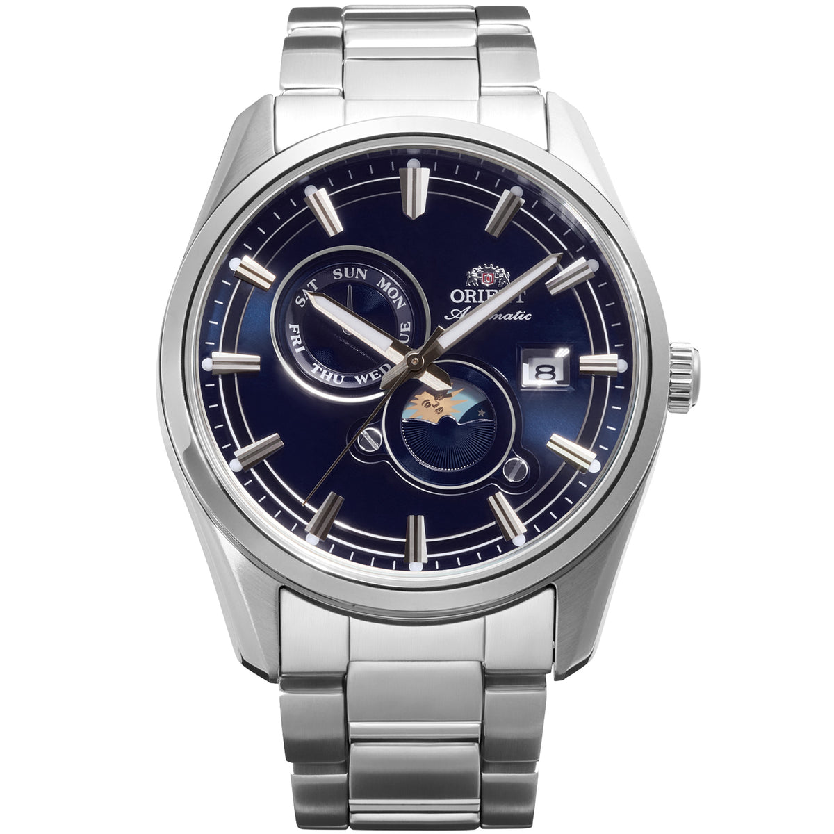 Orient Stretto Sun & Moon RA-AK0315L30B mens automatic watch with blue dial and steel bracelet