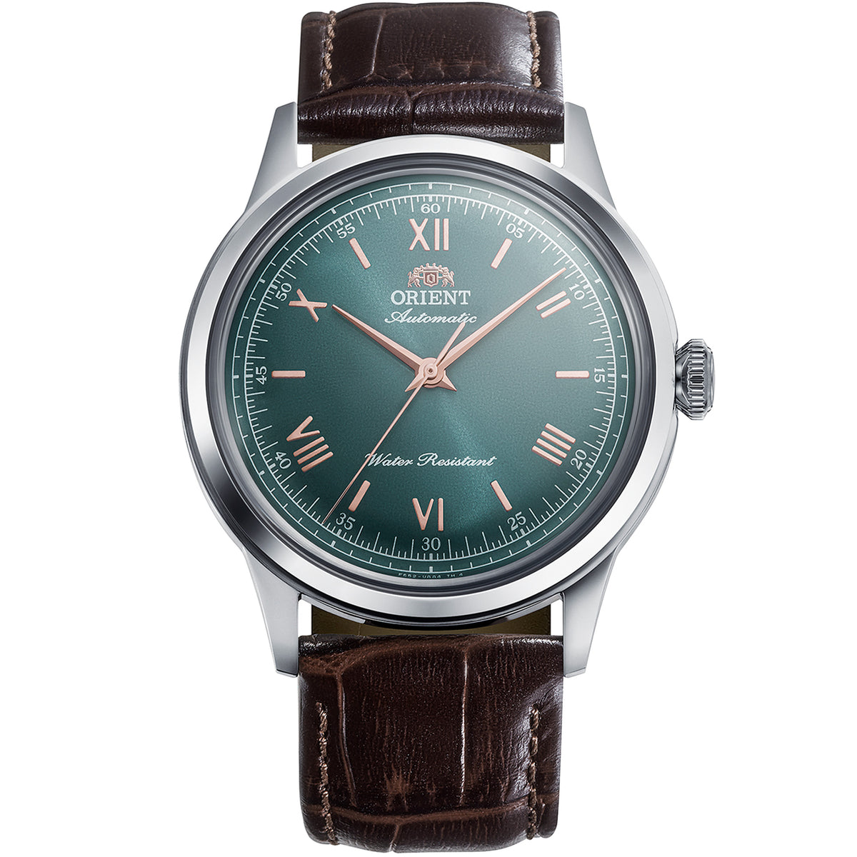 Orient Bambino RA-BB0001E30B front view showing green dial, copper Roman numerals, and brown leather strap