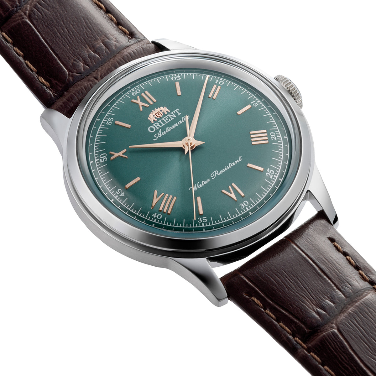 Orient Bambino RA-BB0001E30B classic timepiece angled view showcasing green dial and polished stainless steel case