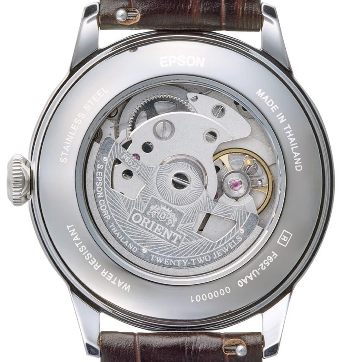 Orient Bambino RA-BB0001E30B automatic movement close-up through exhibition case back and rotor detail