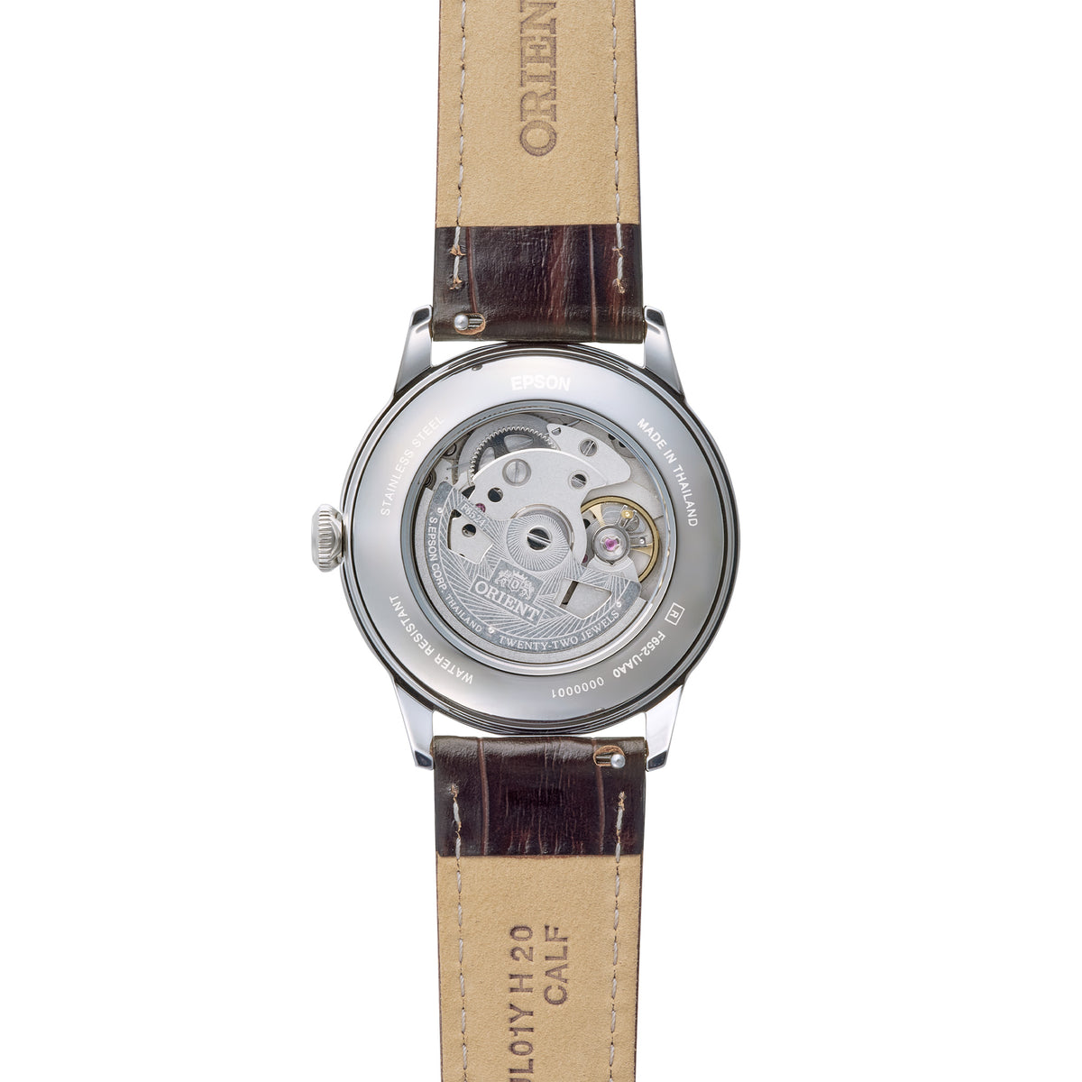 Orient Bambino RA-BB0001E30B automatic watch underside view displaying transparent case back and leather strap lining