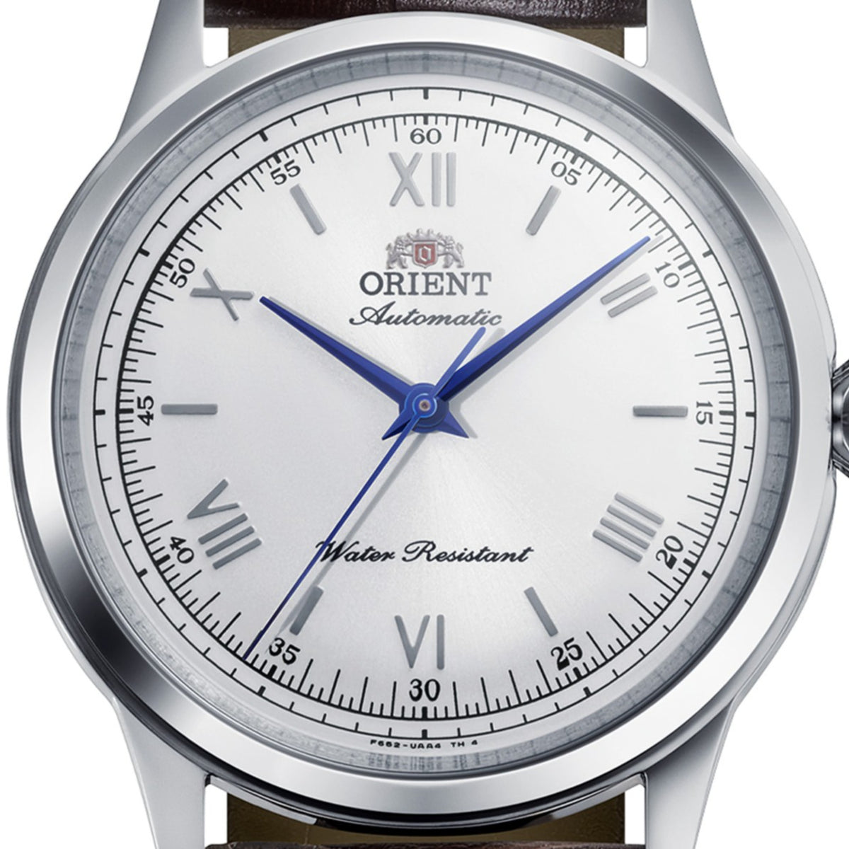 Close-up detail of the Orient Bambino RA-BB0002S30B white dial with blue hands and Roman numeral indices