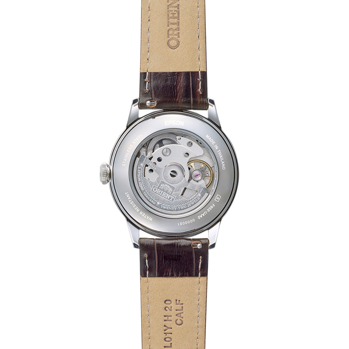 Exhibition case back of the Orient Bambino RA-BB0002S30B mens automatic timepiece displaying the internal movement