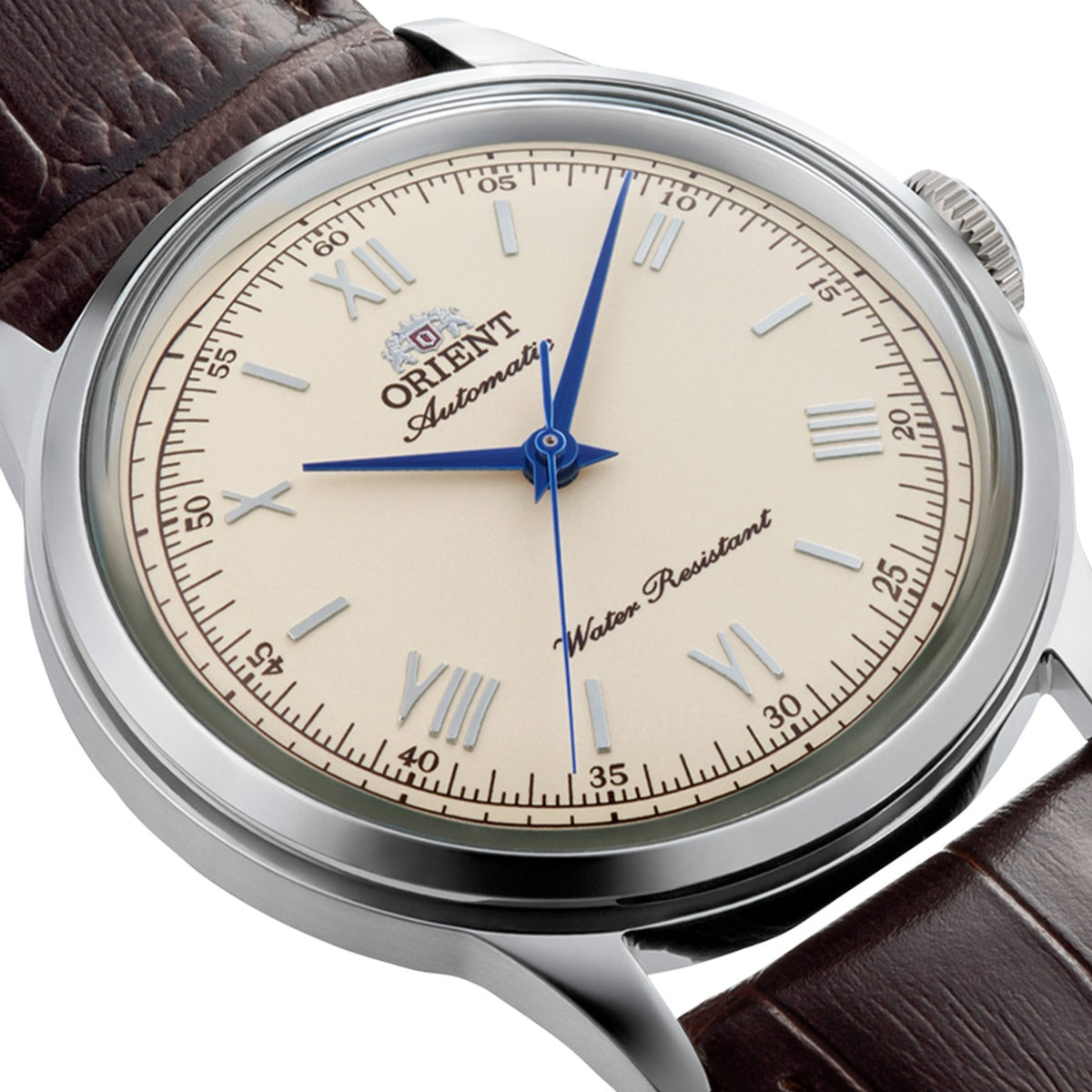 Orient Bambino 38mm RA-BB0003Y30B domed crystal and case side profile close-up
