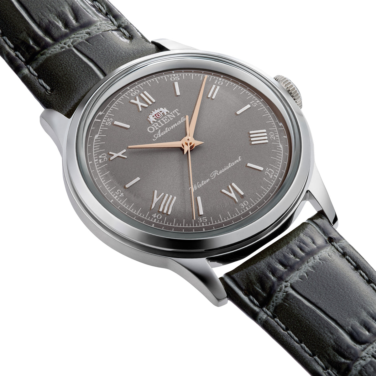 Orient Bambino RA-BB0006N30B angled view displaying grey dial with rose gold tone hands and leather strap