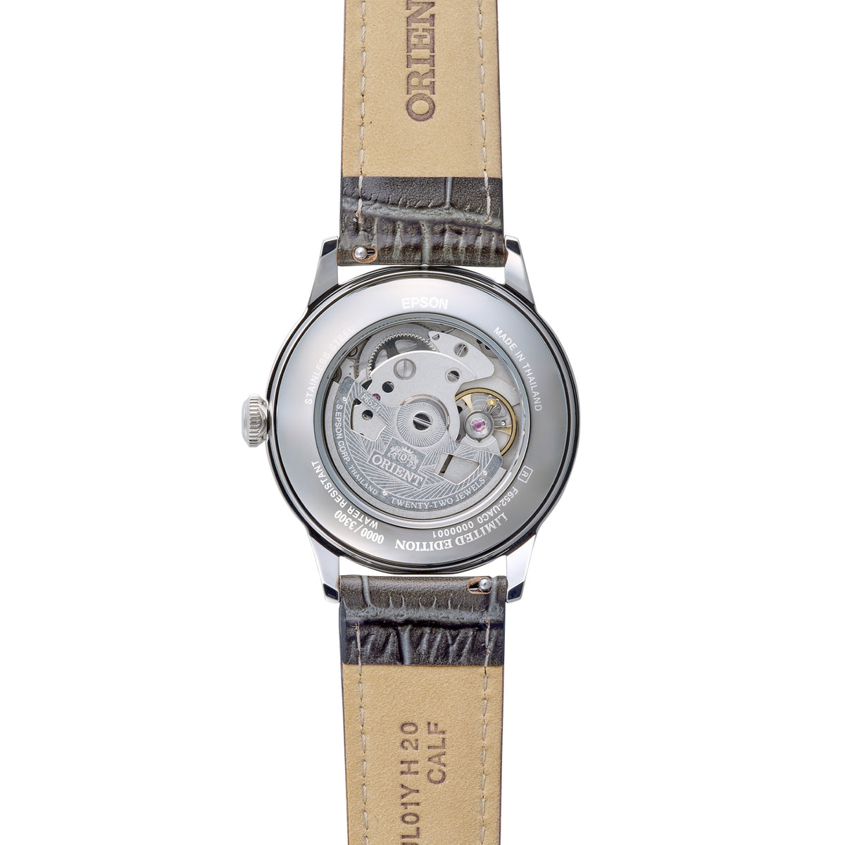 Orient Bambino RA-BB0006N30B exhibition back case revealing automatic movement and leather strap inner lining