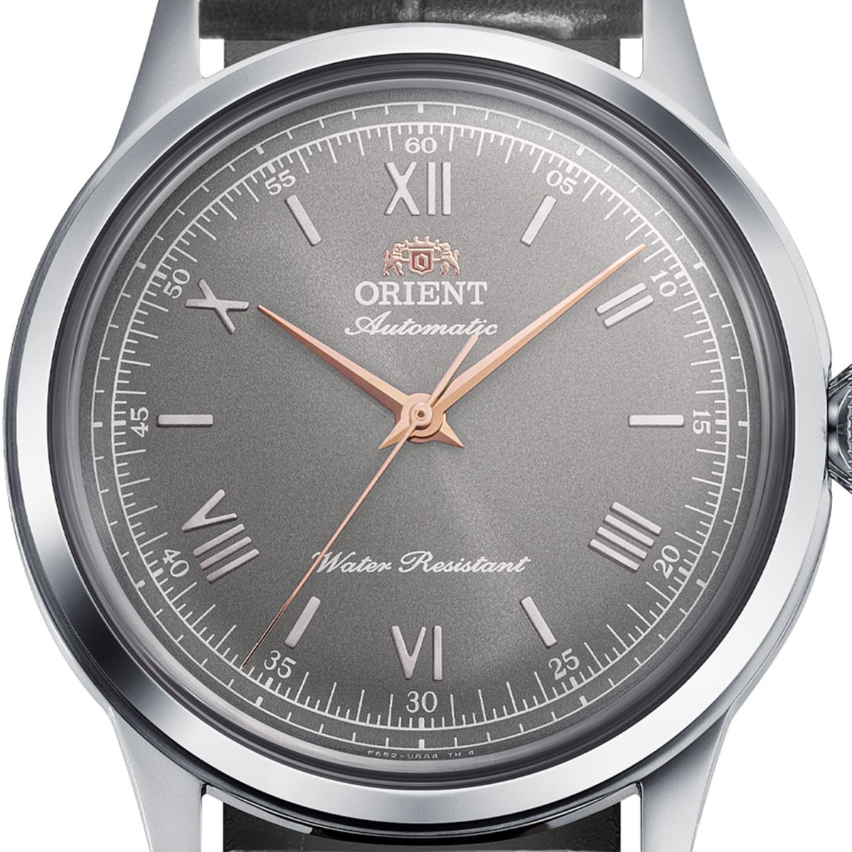 Orient Bambino RA-BB0006N30B close-up shot of grey dial with Roman numeral markers and rose gold tone hands