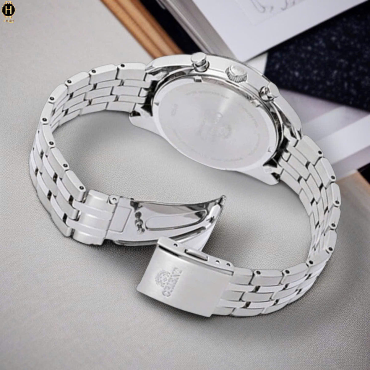 Men's solar chronograph watch, stainless steel bracelet with engraved clasp and caseback