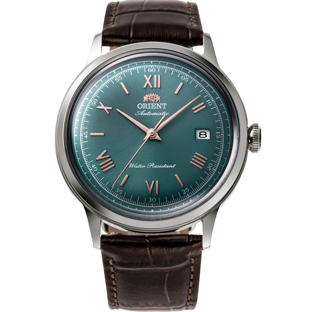 Front view of Orient Bambino Classic mens dress watch RA-AC0023E30B showing green dial, date window, and brown leather strap