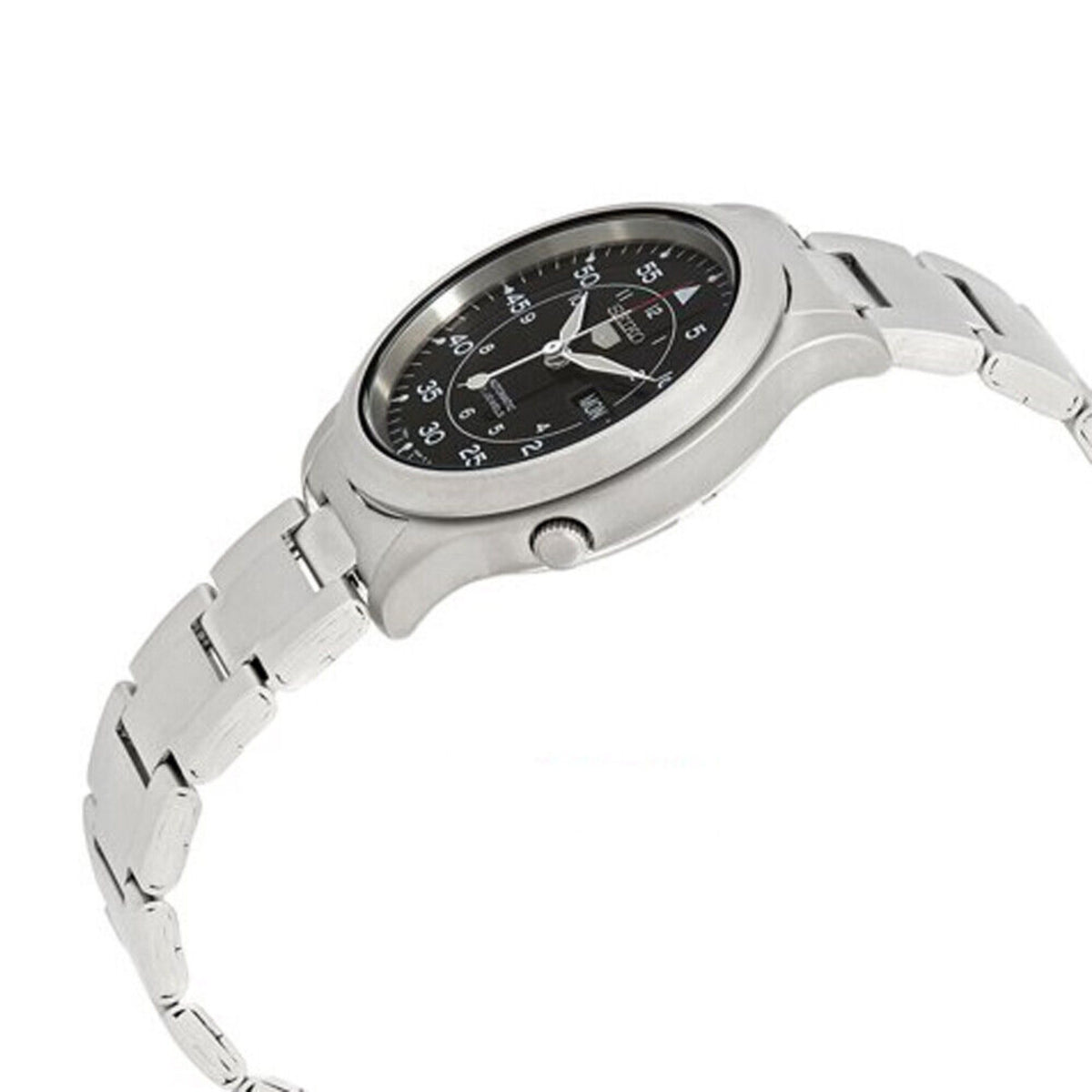 Men's stainless steel automatic watch with black dial and linked bracelet, side view