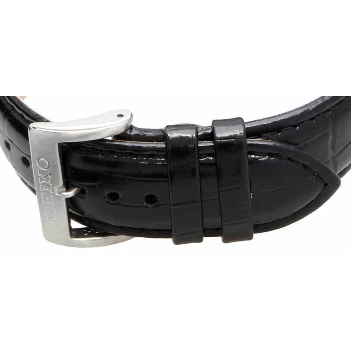 Seiko Essentials SSB383P1 black leather strap with buckle on white background