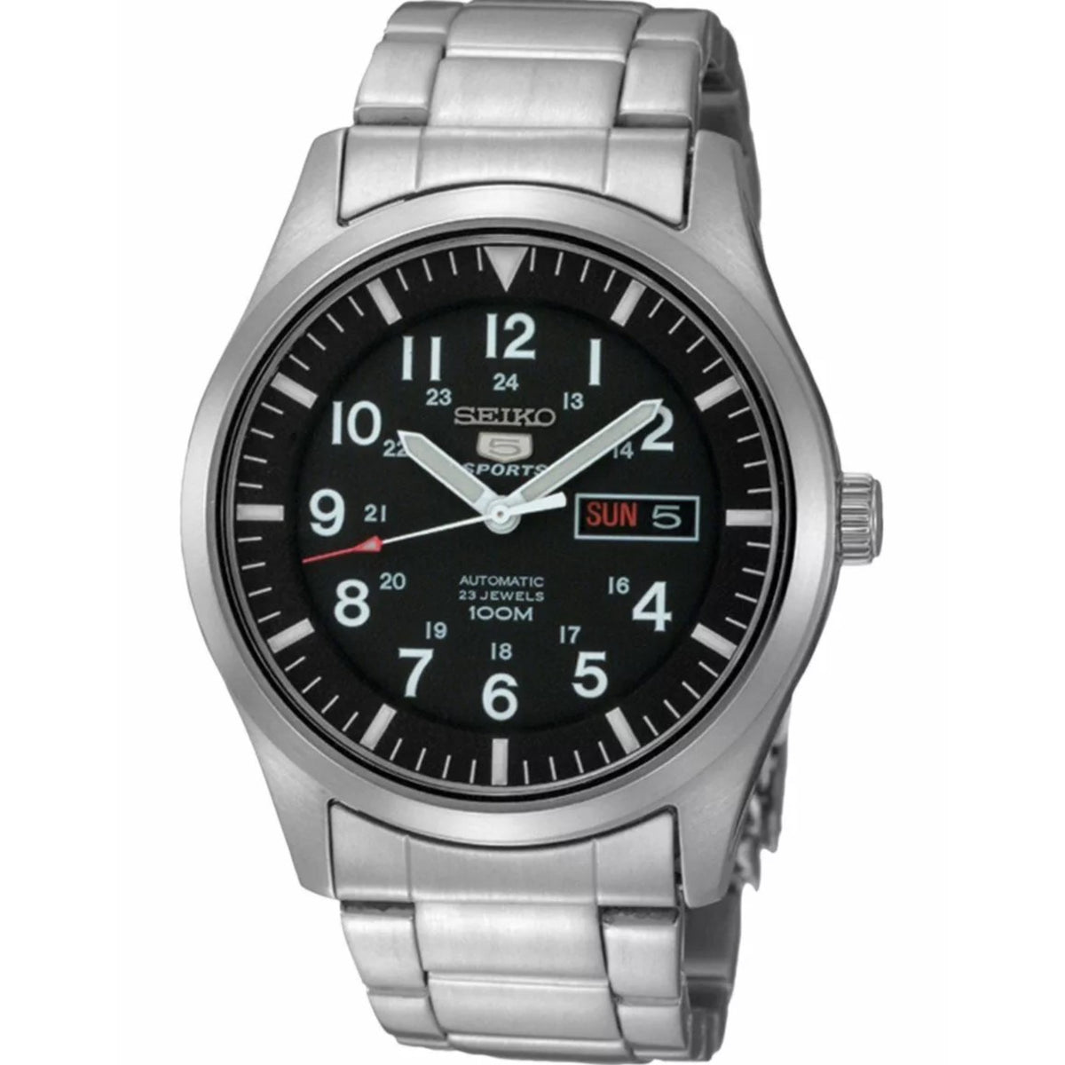Men's Seiko 5 Sports automatic watch with black dial and stainless steel bracelet