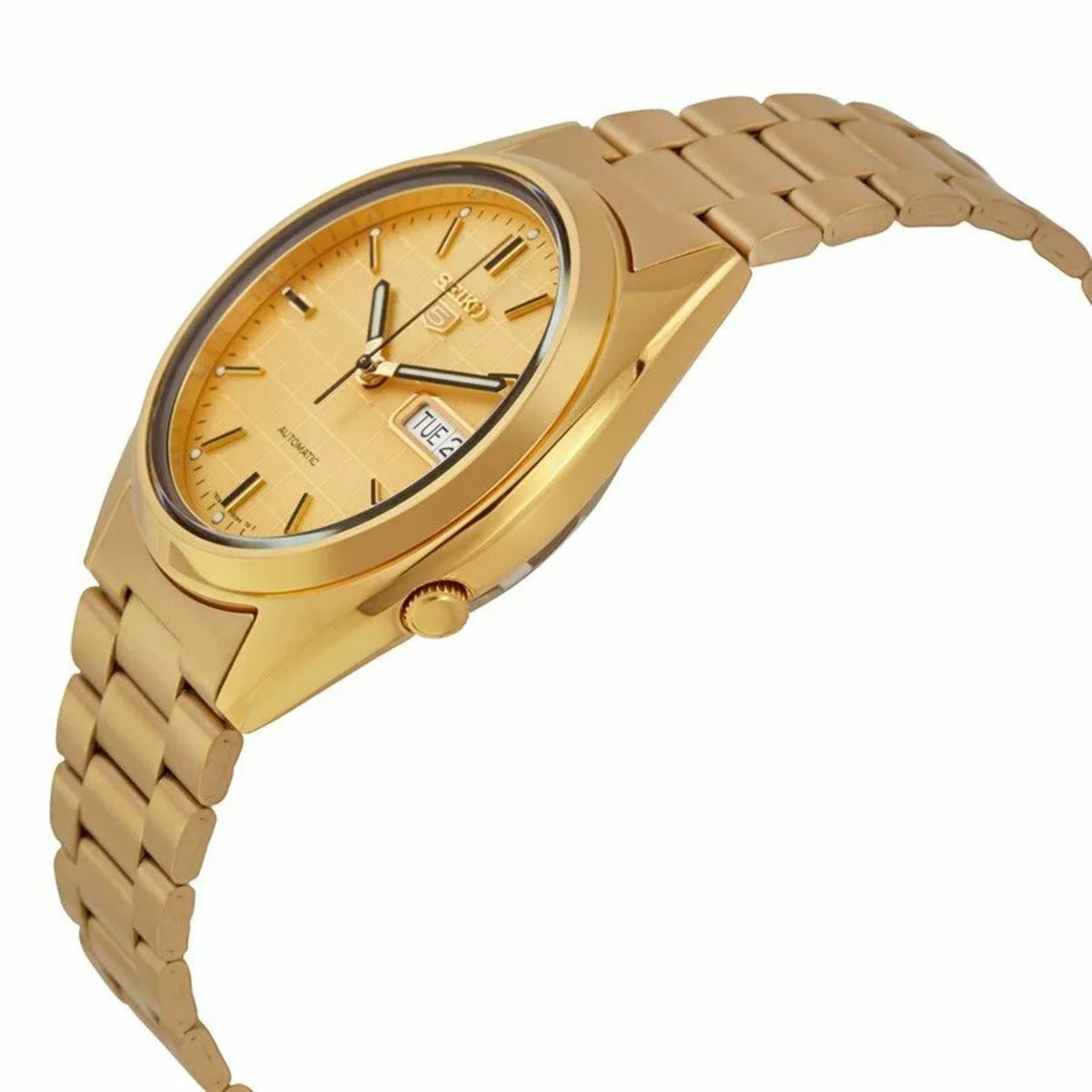 Angled view of Seiko 5 watch SNXL72K1 showing its gold bracelet, case thickness, and crown
