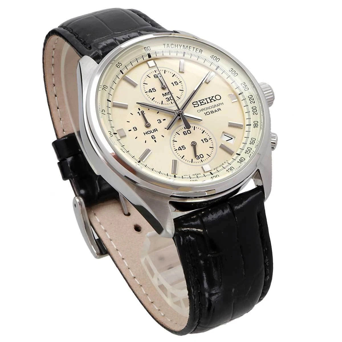 Seiko engraved stainless steel buckle on black leather strap of SSB383P1 chronograph watch