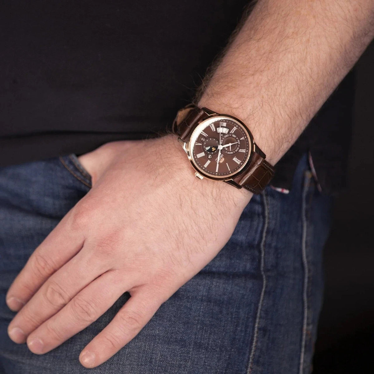 Orient Bambino Sun and Moon RA-AK0009T30Bautomatic wrist watch with brown leather strap and brown sun-and-moon dial
