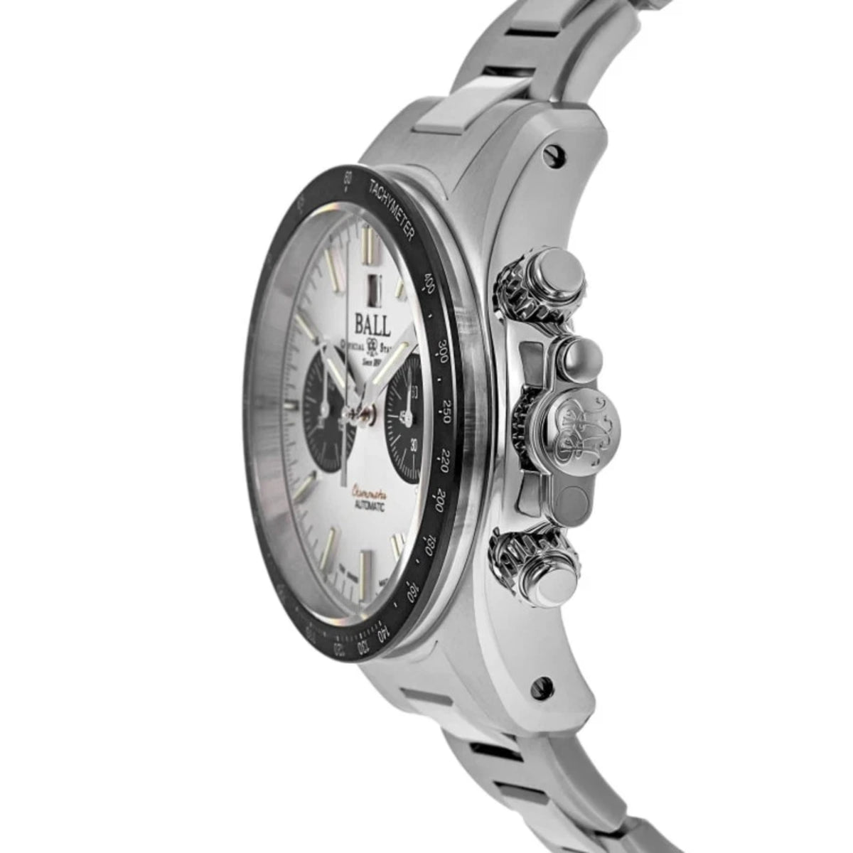 Side view of stainless steel chronograph automatic watch with white dial and crown pushers