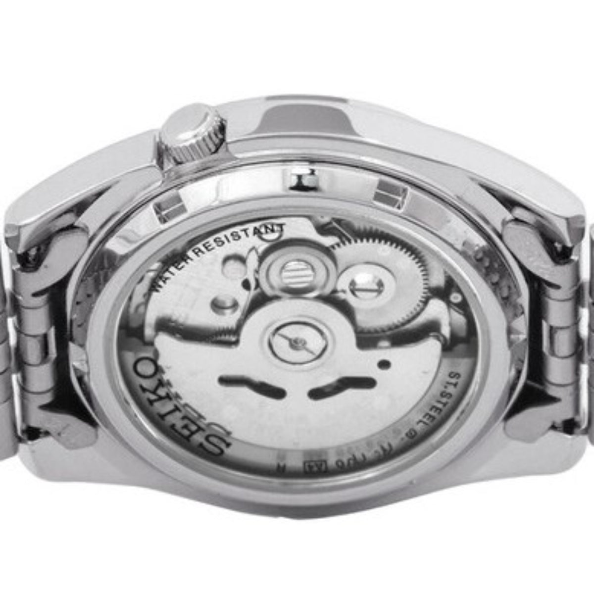 Men's stainless-steel watch caseback showing movement with water-resistant text