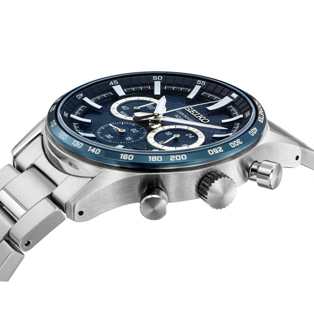Top side view of Seiko SSB445P1 chronograph showing crown and blue bezel