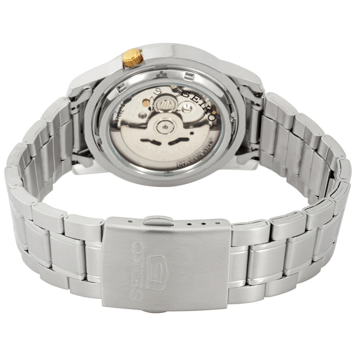 Seiko 5 automatic watch caseback view, steel bracelet, visible mechanical movement