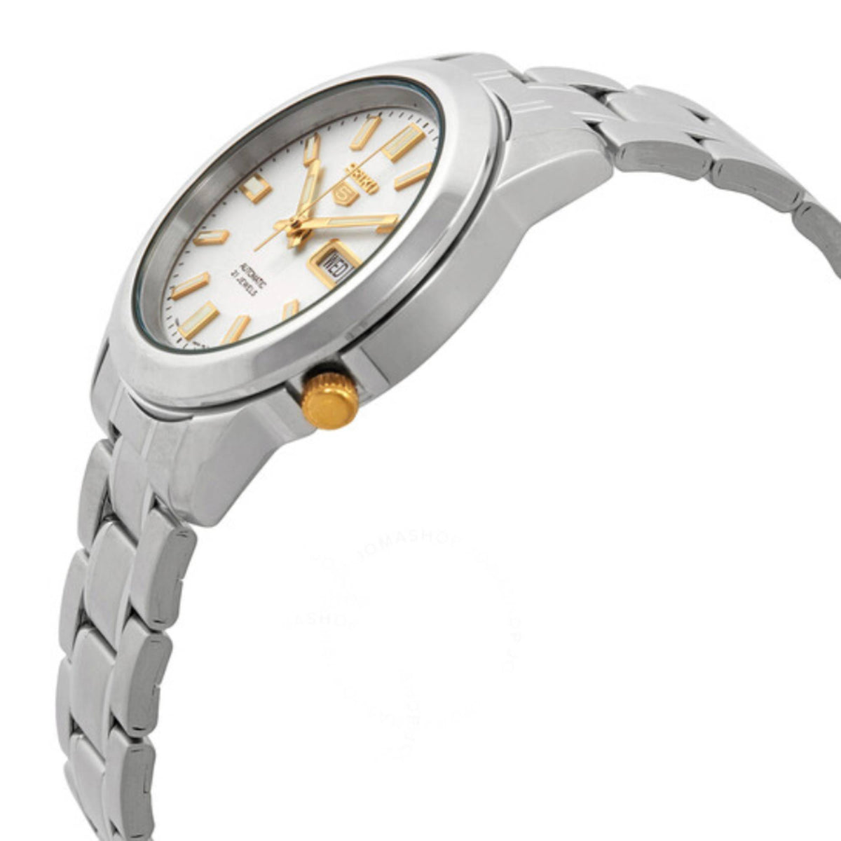 Stainless steel automatic watch with silver dial and crown detail, metal link bracelet