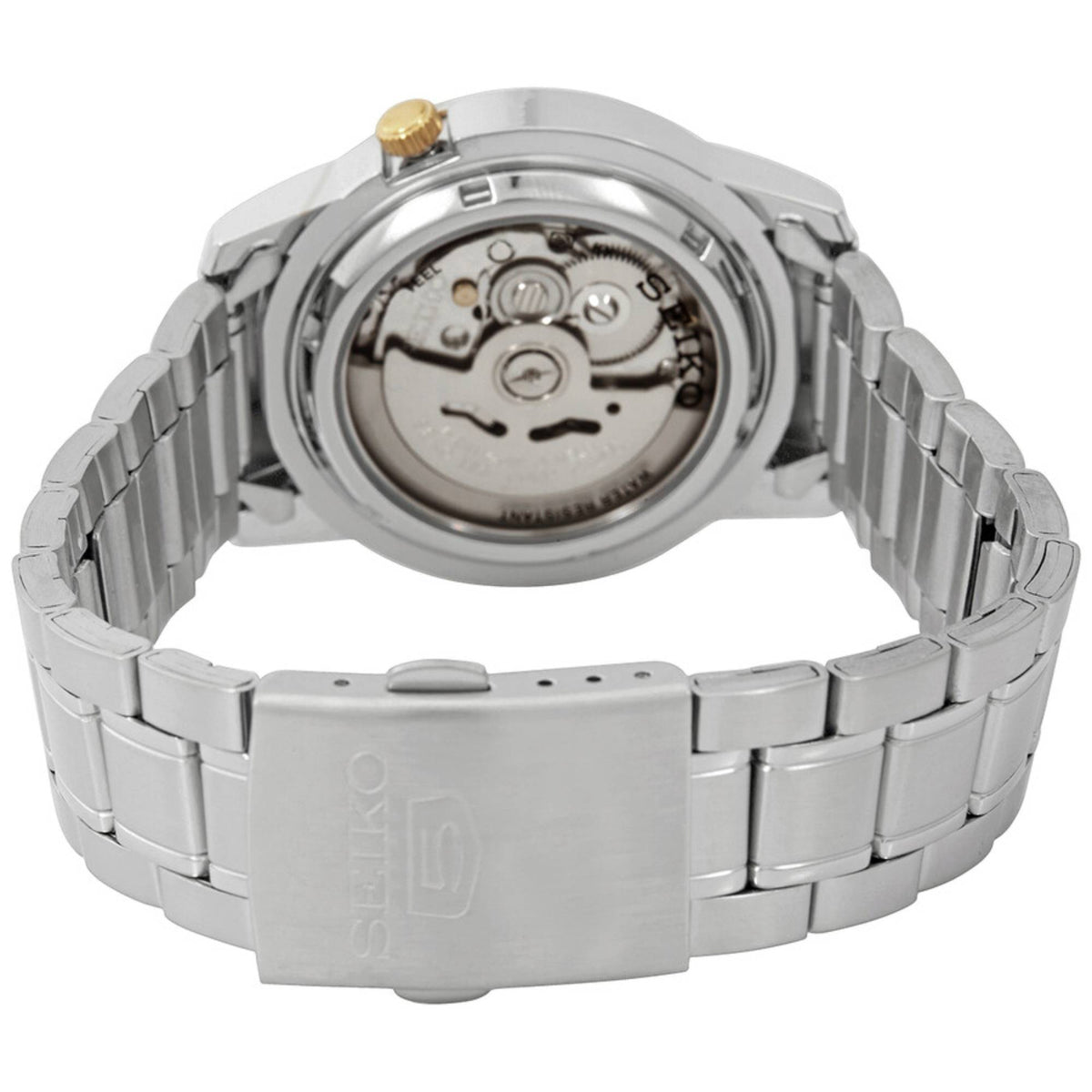 Stainless steel automatic watch case back with exposed movement and metal bracelet