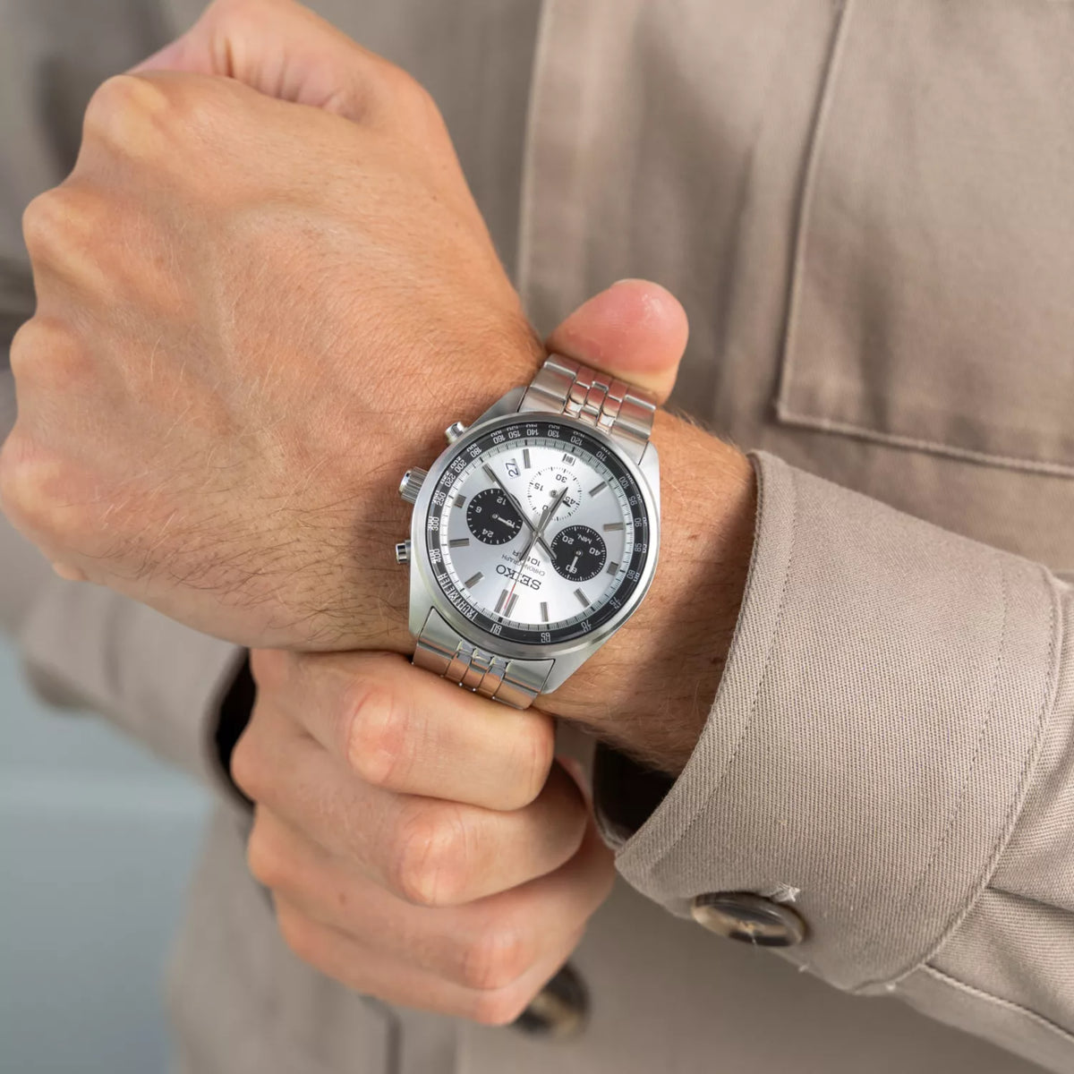 Seiko Essentials SSB425P1 Chronograph steel bracelet mens watch on wrist