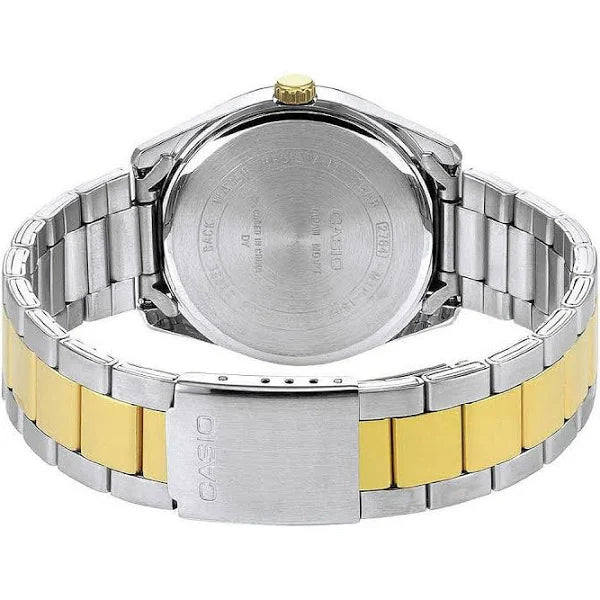 Back angle displaying the closed two-tone steel bracelet loop of the Casio Timeless Collection MTP-1302PSG-7AVEF